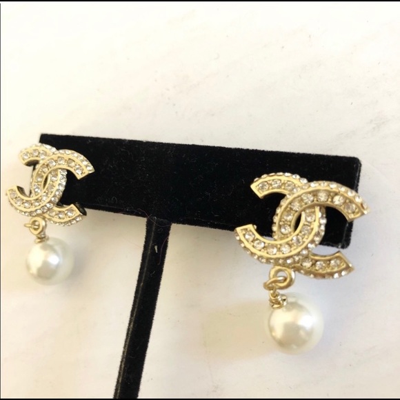 CHANEL Jewelry - Authentic Chanel Crystal CC Pearl Dangle Earrings